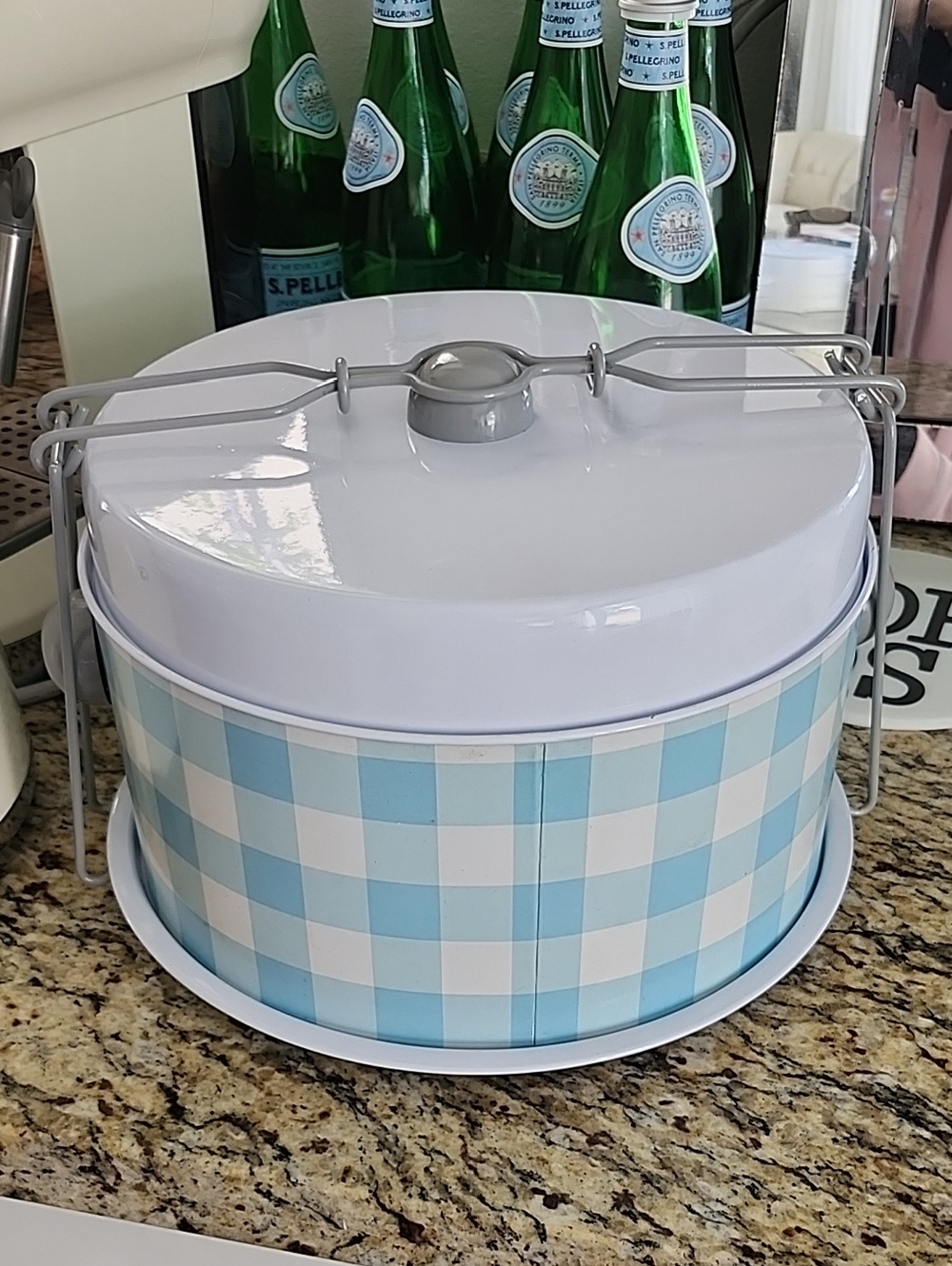 Blue Gingham Round Cake Carrier Two Compartments.